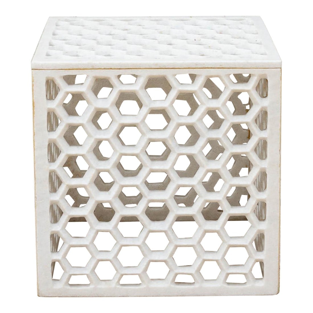 Hand-Carved Marble Jali Side Table: Modern meets Mughal with this captivating marble side table. Handcrafted from pristine marble, this piece draws inspiration from the intricate Jali window designs of 16th-century palaces. The base and