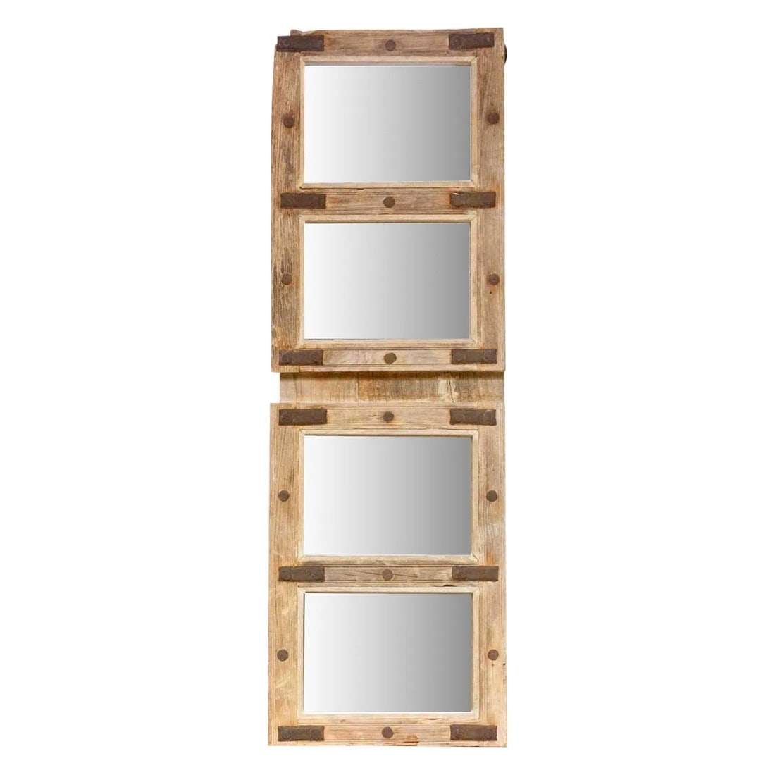 Antique Bleached Teak Window Mirror: With a history whispering from Rajasthan, India, this antique farmhouse style mirror boasts a rustic elegance. Crafted from a repurposed antique door, the teak frame has a bleached, semi-oxidized fini