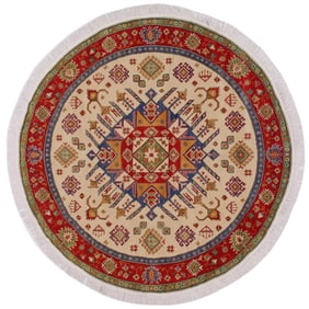 1990s Shabby Chic Tribal Kazak Red Wool Round - 6"²5"³ Ã— 6"²6"³