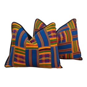 Set of Two, Blue Vintage African Kente Pillow Covers