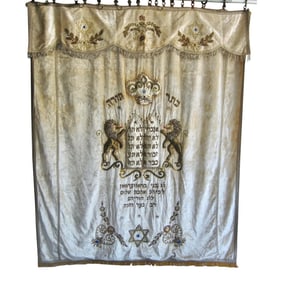 Embroidered Tapestry Lion Torah Ark Parochet Beige Curtain -Drape Late 1800