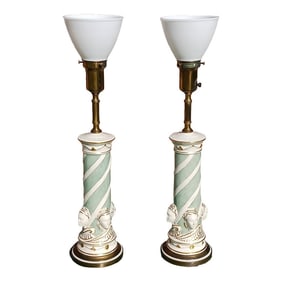 Pair Vintage "Rembrandt Co." Neoclassical Torchieres Lamps Table Top, Faces, Blue and White Signed