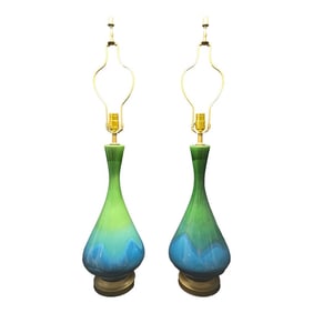 Mid-Century Modern Green and Blue Ceramic Lamp Pair