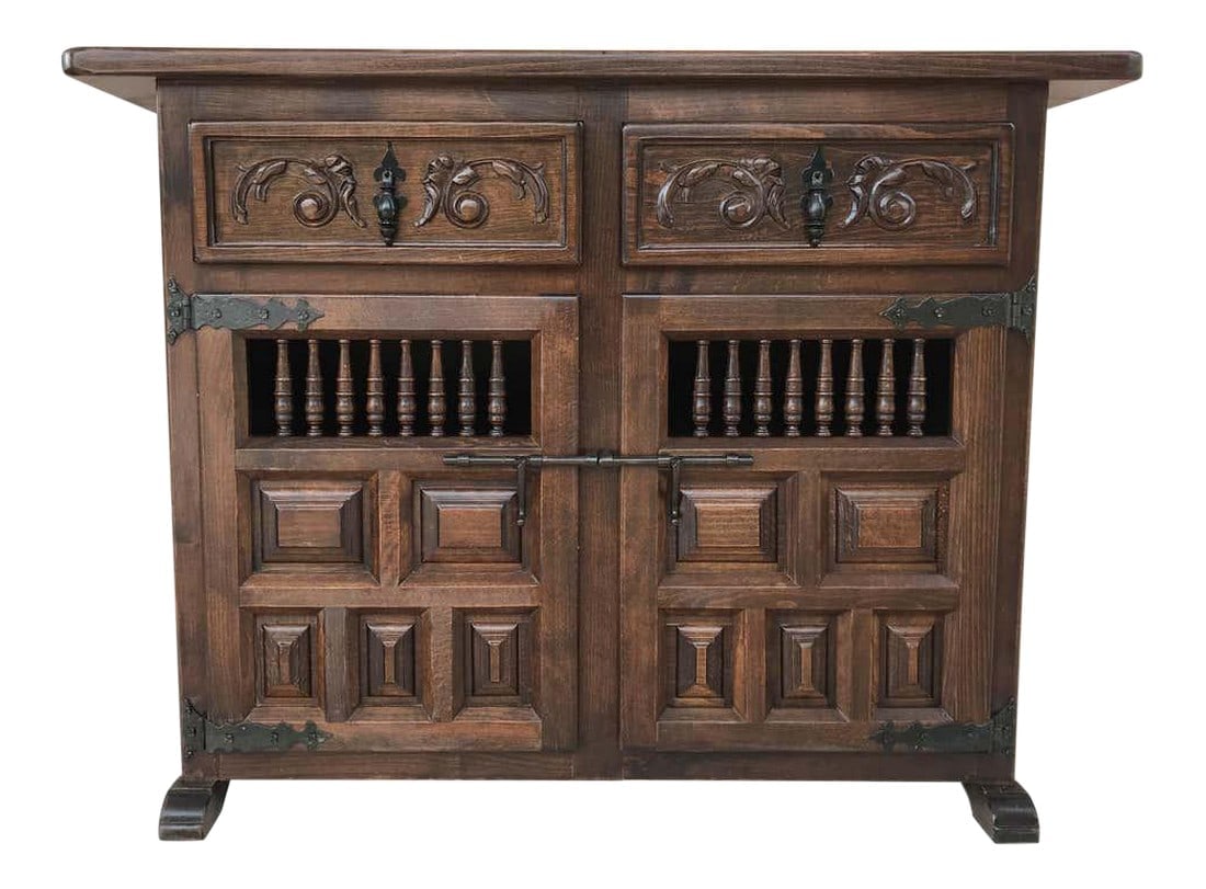 20th Century Spanish Carved Dark Walnut Tuscan Two Drawers Credenza or Buffet (1 of 12)