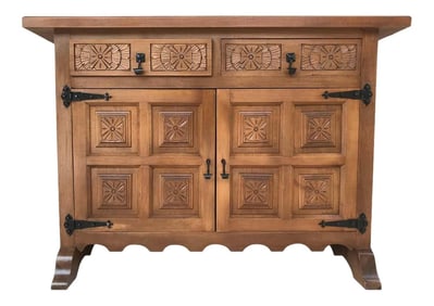 20th Century Catalan Baroque Carved Walnut Tuscan Two Drawers Credenza or Buffet