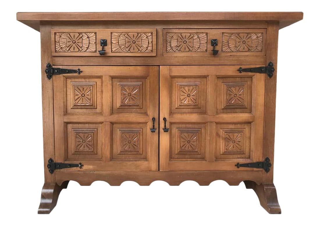 20th Century Catalan Baroque Carved Walnut Tuscan Two Drawers Credenza or Buffet (1 of 9)