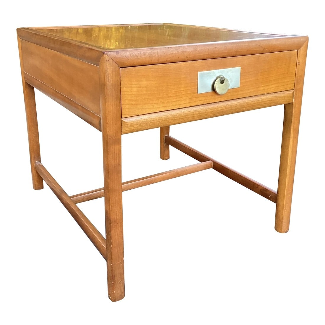 1960s Michael Taylor for Baker Furniture Company New World End Table: Clean lined end table or nightstand, designed by Michael Taylor for his "New World" collection for Baker, circa 1960s. It is signed inside the drawer. It exhibits a crisp, clean-lined form with nickel