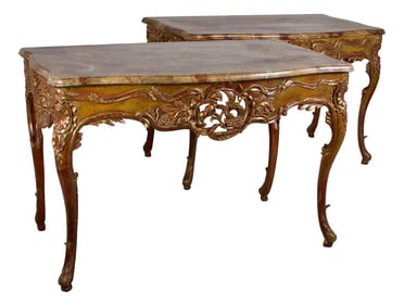 Flamboyant Pair of Painted and Gilded Consoles, Faux Marble Top, Haute Hollywood