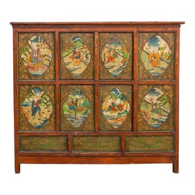 Early 19th Century Tibetan Green & Orange Painted Cabinet