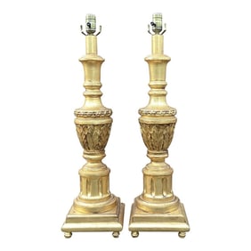 Vintage Pair of Tall Gilt Hollywood Regency Style Carved Table Lamps