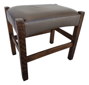 1910s Signed J M Young Mission Style Leather and Wood Footstool