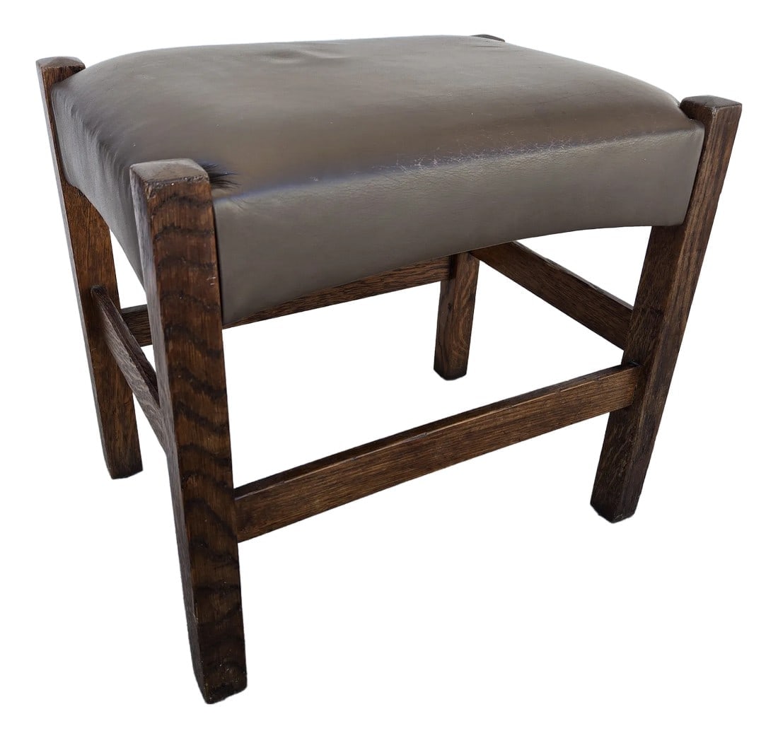 1910s Signed J M Young Mission Style Leather and Wood Footstool (1 of 10)