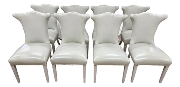 Set of 8 Grey Faux Leather Pleather Dining Chairs With Nailheads
