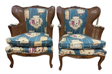 Pair of Vintage Cane Wingback Chairs With New Chinoiserie Upholstery
