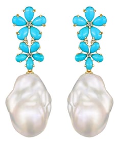 Nina Zhou Turquoise Diamond Blossom & Baroque Pearl Convertible Drop Earrings in 14k Yellow Gold - A