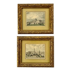 Pair of Antique 19th Century Hand-Tinted Parisian Prints Engravings in Giltwood Frames