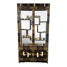 Chinese Chinoiserie Style Black Lacquer and Mother-of-Pearl China Display Cabinet