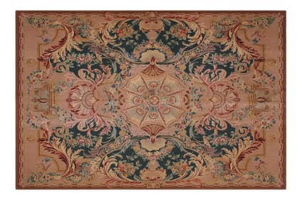 1960s Antique Needlepoint Aubusson Design Green/Tan Handmade Rug