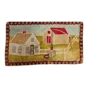 Mid 19th Century Pictorial Hooked Rug ("Cape House"), AmericanRrom the Collection of the Kennedy Fam