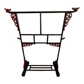 Early 20th Century Chinese Carved Wood Robe Garment Display Rack Dragon Heads Black & Red Paint