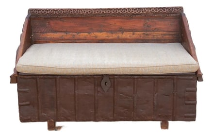 Antique Rajasthani Metal & Carved Wood Box Bench