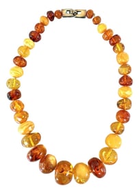 Chunky Vintage Baltic Amber Beaded Necklace Gold Sterling Foldover Clasp - Stamped