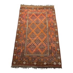 Vintage Oversized Flat Weave Rug in Terracotta Brown Handwoven Afghan Kilim Rug
