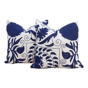 Silk Road Blue & White Suzani Pillow, a Pair