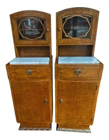 European Burled Wood Veneer Marble Top End Tables W/ Glass Cabinet Top - a Pair