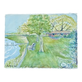 Naturalistic Watercolor Home on Water Scene With Dock by Susan Bates