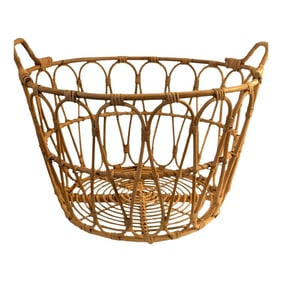 1970s Rattan Open Weave Basket, Cathedral Loop Pattern, Midwest Sourced
