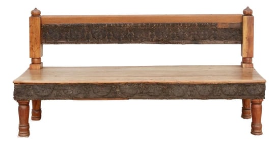 72" Long Artisanal Carved Wood Bench