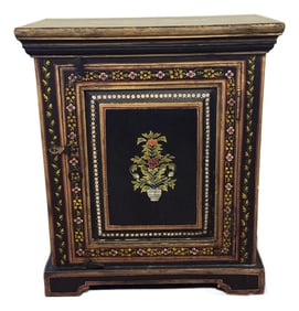 Mid-20th Century Asian Style Hand-Painted Black Lacquer Cabinet With Floral Motifs and Gilt Trim