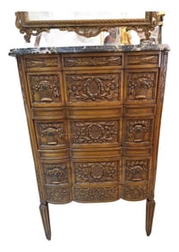 19th Century Carved Walnut French Chest W/Marble Top