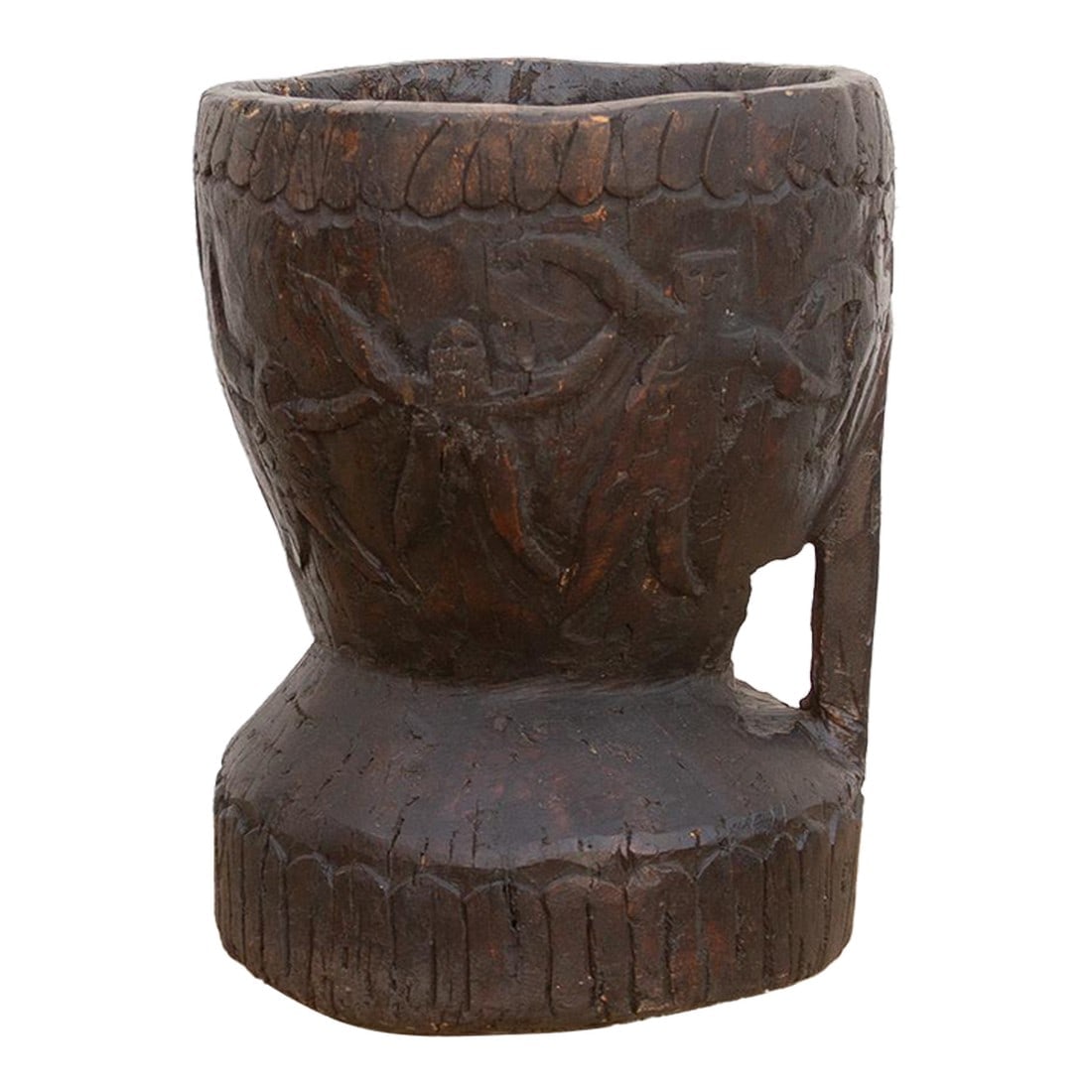 15" Tall Antique Folk Art Vessel: This dramatic vessel is a genuine piece of Primitive Treenware and Tribal Art, transforming a functional grain or spice mortar (Ukhali) into a significant decorative artifact. Likely dating to the ear
