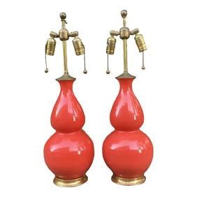 Pair of Christopher Spitzmiller "Aurora" Lamps in Burnt Orange With Gilt Bases