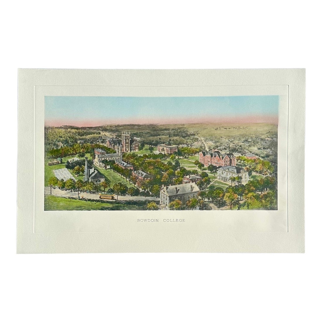 Bowdoin College Early 20th Century Antique Print: Bowdoin College, Brunswick, Maine. Re-strike engraving from the original plate (c. 1913) after Richard Rummell. Printed on heavy woven paper and hand-colored. Dimensions: 33 1/4 x 21 1/4" Please note: