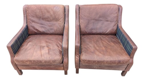 Pair of University of Oxford Leather & Plaid Tartan Club Chairs by Timothy Oulton