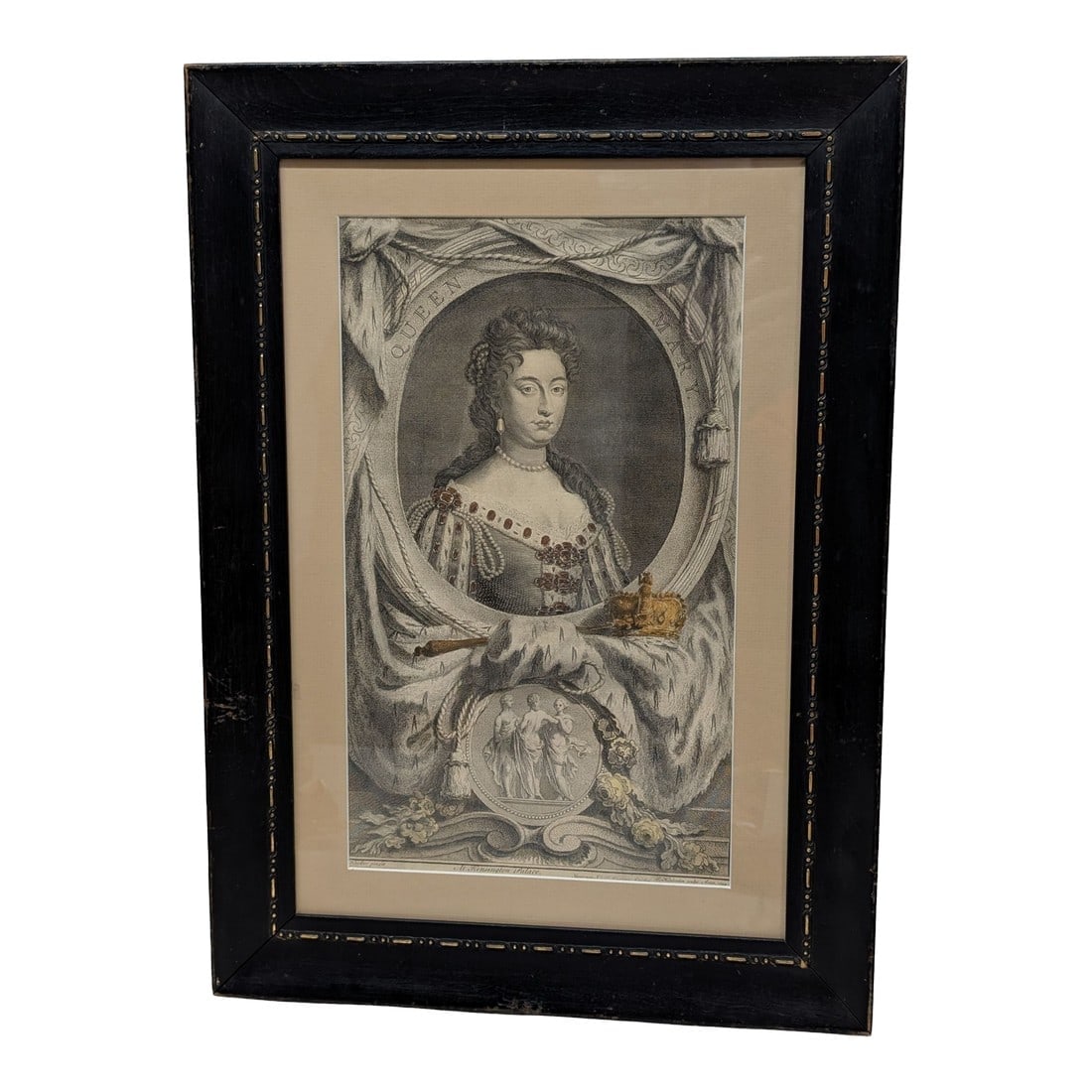 Jacobus Houbraken - 1744 Engraving Portrait of Queen Mary: Jacobus Houbraken - Original 1744 Engraving Print. After the painting by Sir Godfrey Kneller. Print measures 13.5x8". Frame 19.5x14" Jacobus Houbraken apprenticed under his father, Arnold Houbraken (1