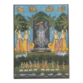 Large Vintage Krishna & Gopis Indian Devotional Painting