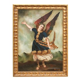 Framed Spanish Colonial ArcÃ¡ngel Arcabucero Oil Painting