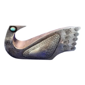 Vintage Joaquin Taller Tinta Ecuador Silver Bird Sculpture With Turquoise Eyes - Mid-Century Modern