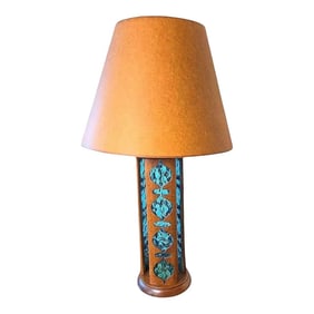 1960s Mid Century Modern Modeline Walnut & Textured Blue Glass Inlay Table Lamp - 37"h