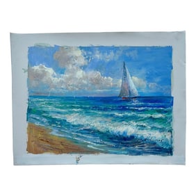 Sailboat Seascape Beach Scene Oil Painting on Canvas, Unstretched, by Matt Thomas