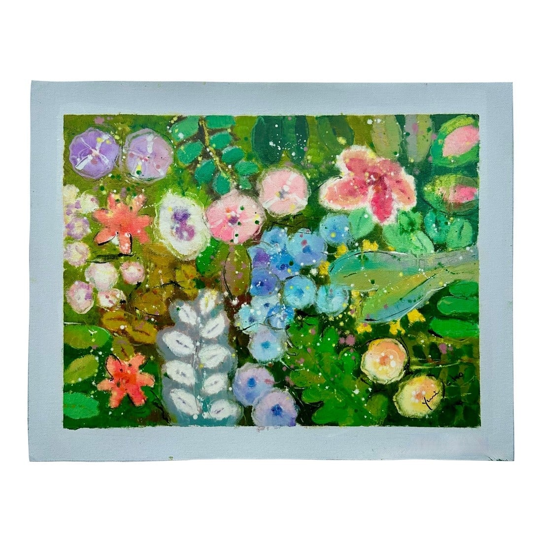Vibrant Abstract Floral Painting on Canvas, Unstretched, by Youn Cho: Original oil on canvas on unstretched canvas, measuring 16 x 12". This is an original floral oil painting on canvas signed by artist Youn Cho. She is known for her vivid and spontaneous artistic style