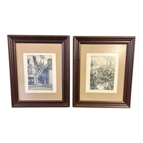 Pair of Vintage Signed Framed Etchings of Chartres Cathedral, Mid-Century