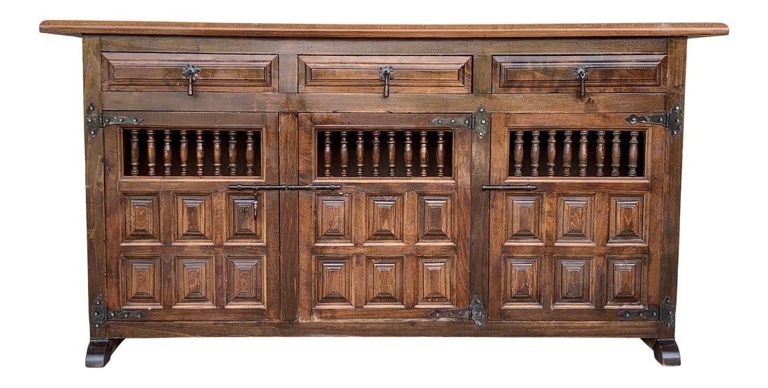 20th Century Catalan Spanish Baroque Carved Oak Tuscan Credenza (1 of 9)