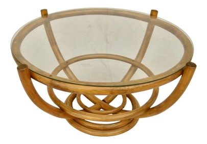 1970s Mid-Century Modern Rattan Round Coffee Table