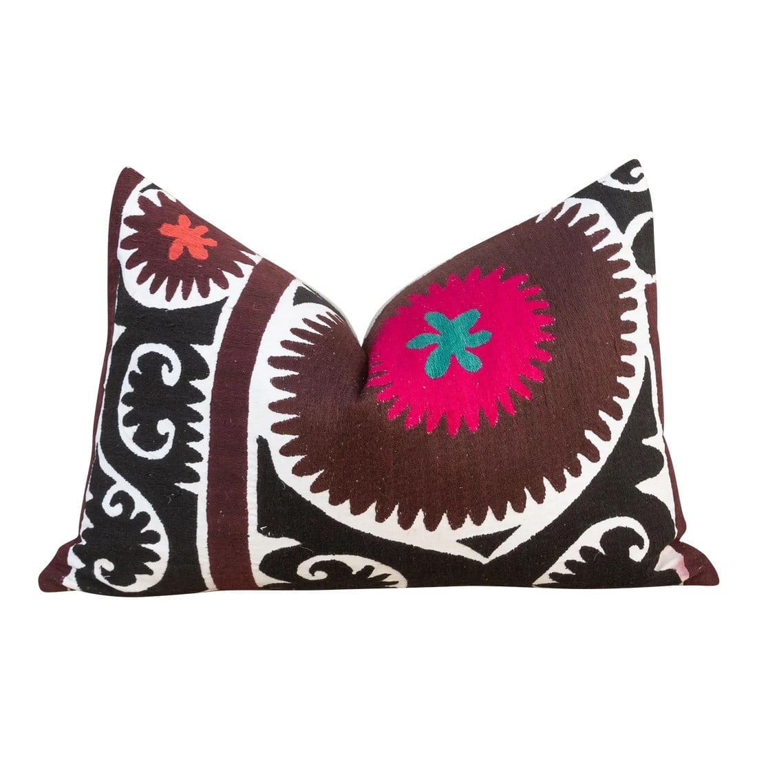 Azija Gul Suzani Lumbar Pillow: Made from a vintage Suzani tapestry, it features hand done embroidery and a solid linen back. Suzani is a Persian word meaning "needle work", and these beautiful tapestries were made popular by trade