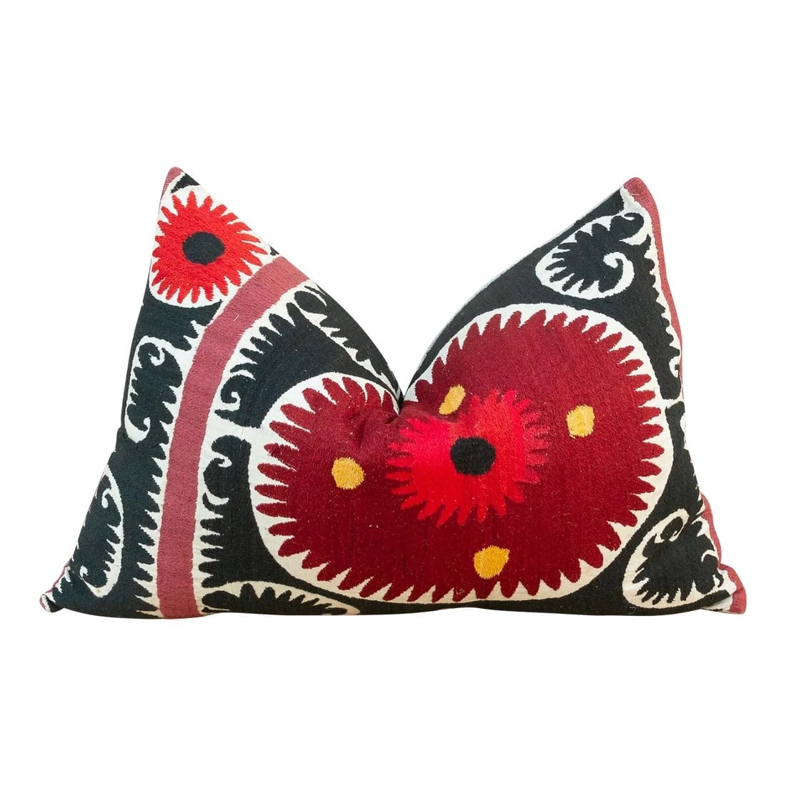 Umida Bukhara Suzani Lumbar Pillow: Made from a vintage Suzani tapestry, it features hand done embroidery and a solid linen back. Suzani is a Persian word meaning "needle work", and these beautiful tapestries were made popular by trade